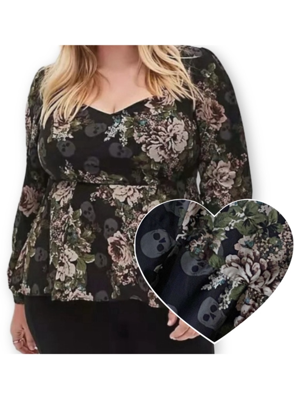 Torrid Size L Floral Skull Crepe Sweetheart Peplum Blouse Top Black Long Sleeve